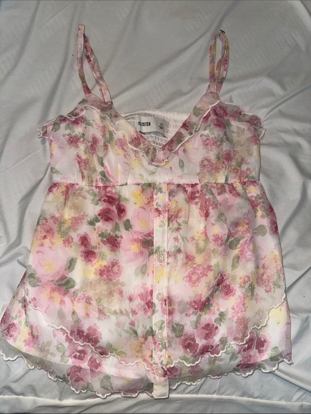 Hollister Pink and Yellow Floral Chiffon Button Cami